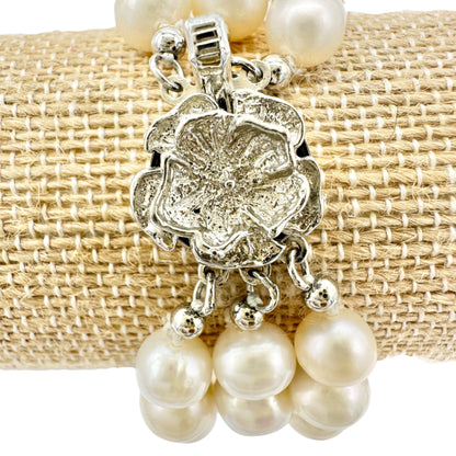 Vintage Triple Strand Faux Pearl Bracelet With Silver Flower Clasp 8 Inches Long
