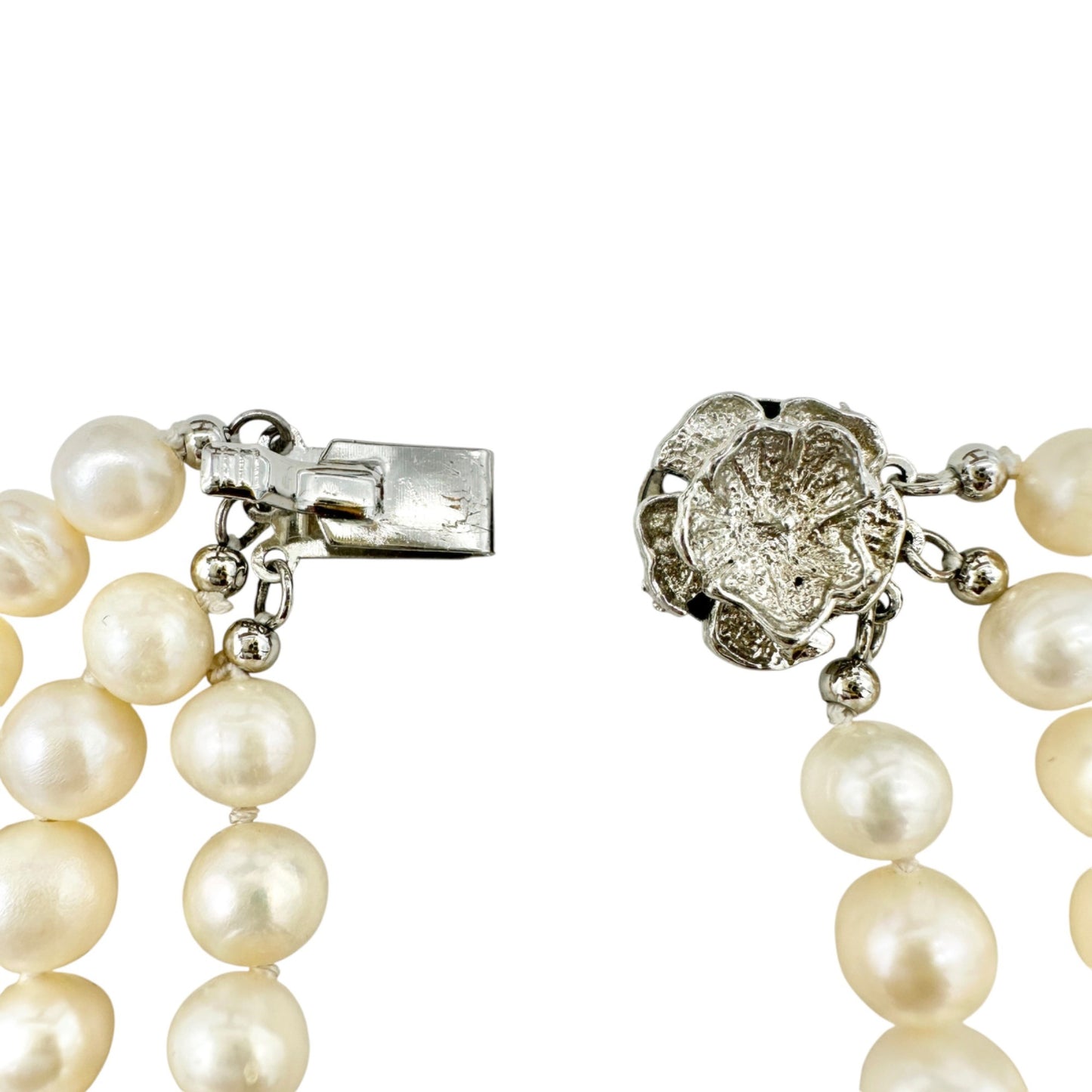 Vintage Triple Strand Faux Pearl Bracelet With Silver Flower Clasp 8 Inches Long