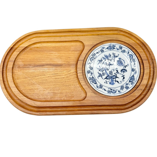 Vintage Dolphin Teakwood Serving Tray Ceramic Plate Insert 17.5" X 10" Thailand