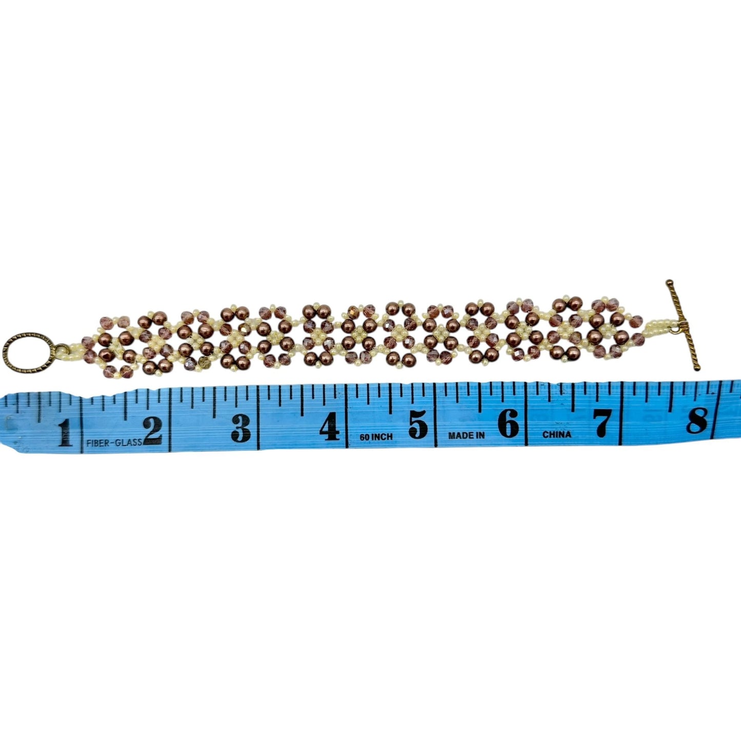 Beaded Bracelet 8 inch Brown Cream Crystals and Faux Pearls with Toggle Closure