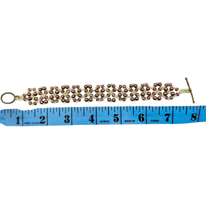 Beaded Bracelet 8 inch Brown Cream Crystals and Faux Pearls with Toggle Closure