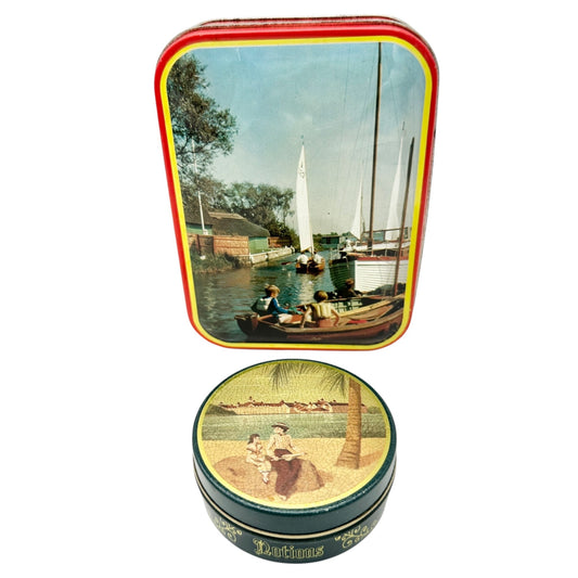 Vintage Rileys Toffee and Grand Floridian Notions Tins Beach Sailing Scenes Pair