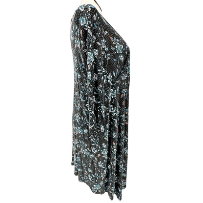 2 Blondes Apparel Womens 2X Floral Print Tunic Top Shark Bite Hem LS Black Teal