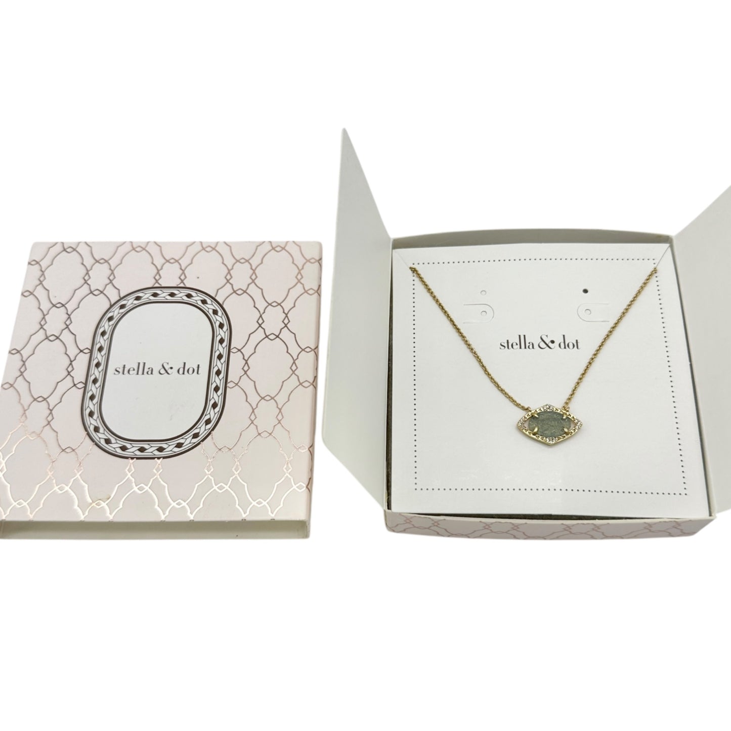 Stella & Dot Gold-Tone Necklace Aqua Druzy Pendant Crystal Accents Original Box