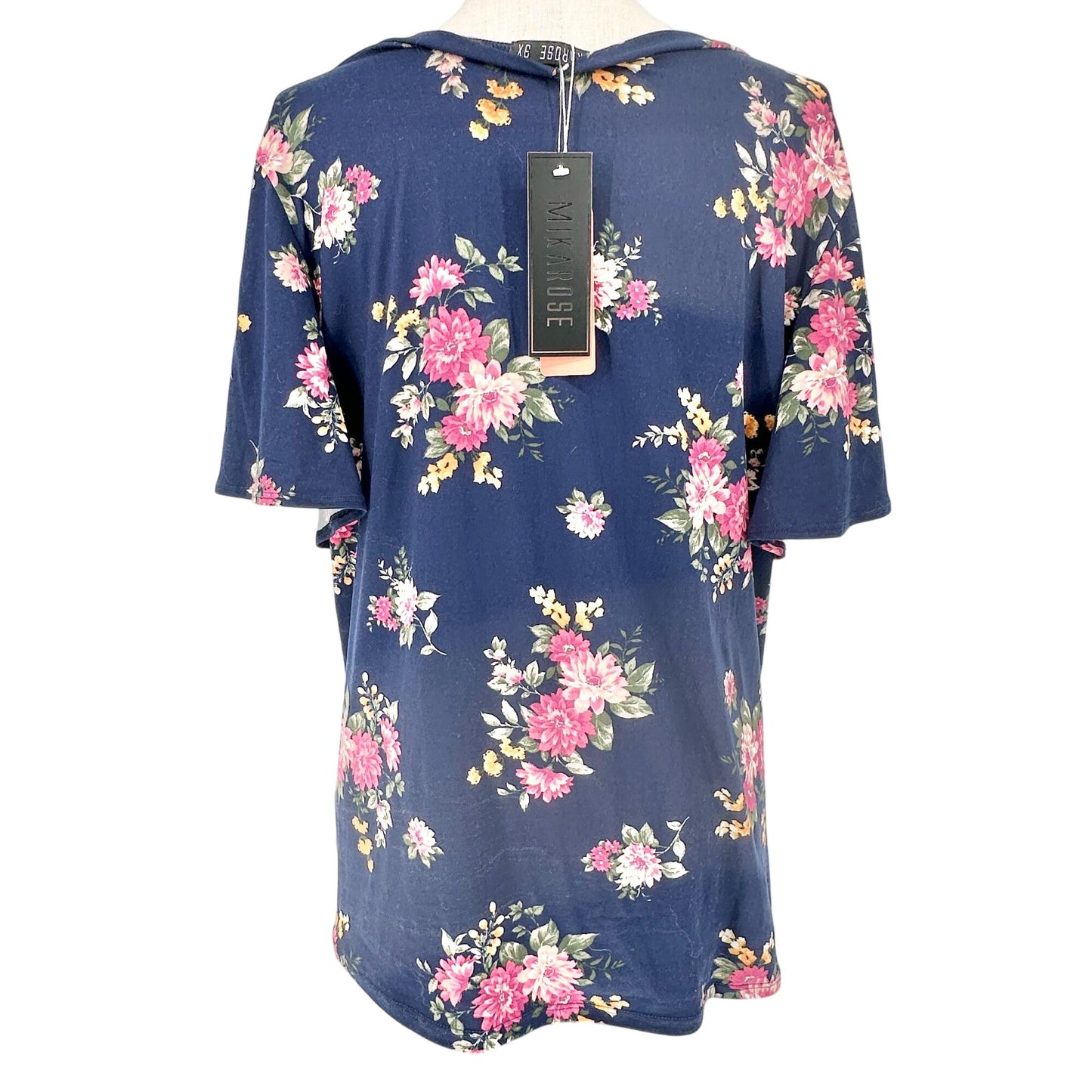 Mikarose Ruffle Sleeve Floral Top Navy Mauve 3X Short Sleeve Poly Spandex Blend