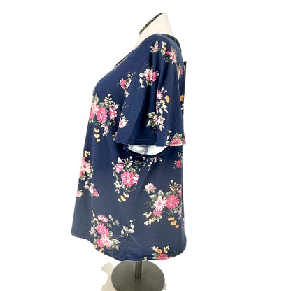 Mikarose Ruffle Sleeve Floral Top Navy Mauve 3X Short Sleeve Poly Spandex Blend