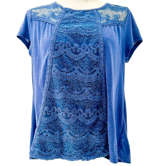 Rewind Blouse Womens L Lace Detailed Blue SS Keyhole Button Back Cotton Blend