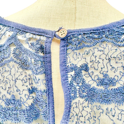 Rewind Blouse Womens L Lace Detailed Blue SS Keyhole Button Back Cotton Blend