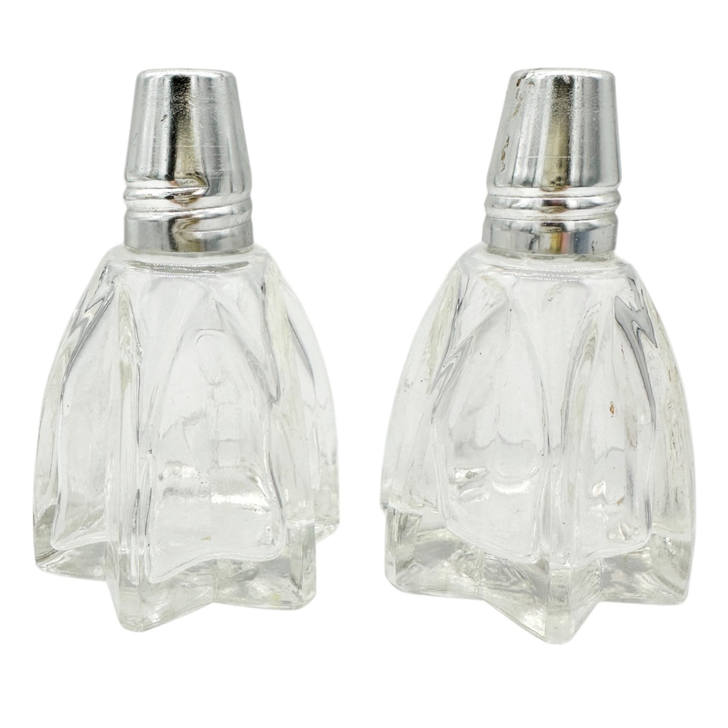 Vintage Glass Salt and Pepper Shakers Star Shaped With Silver Tone Tops 2.5"