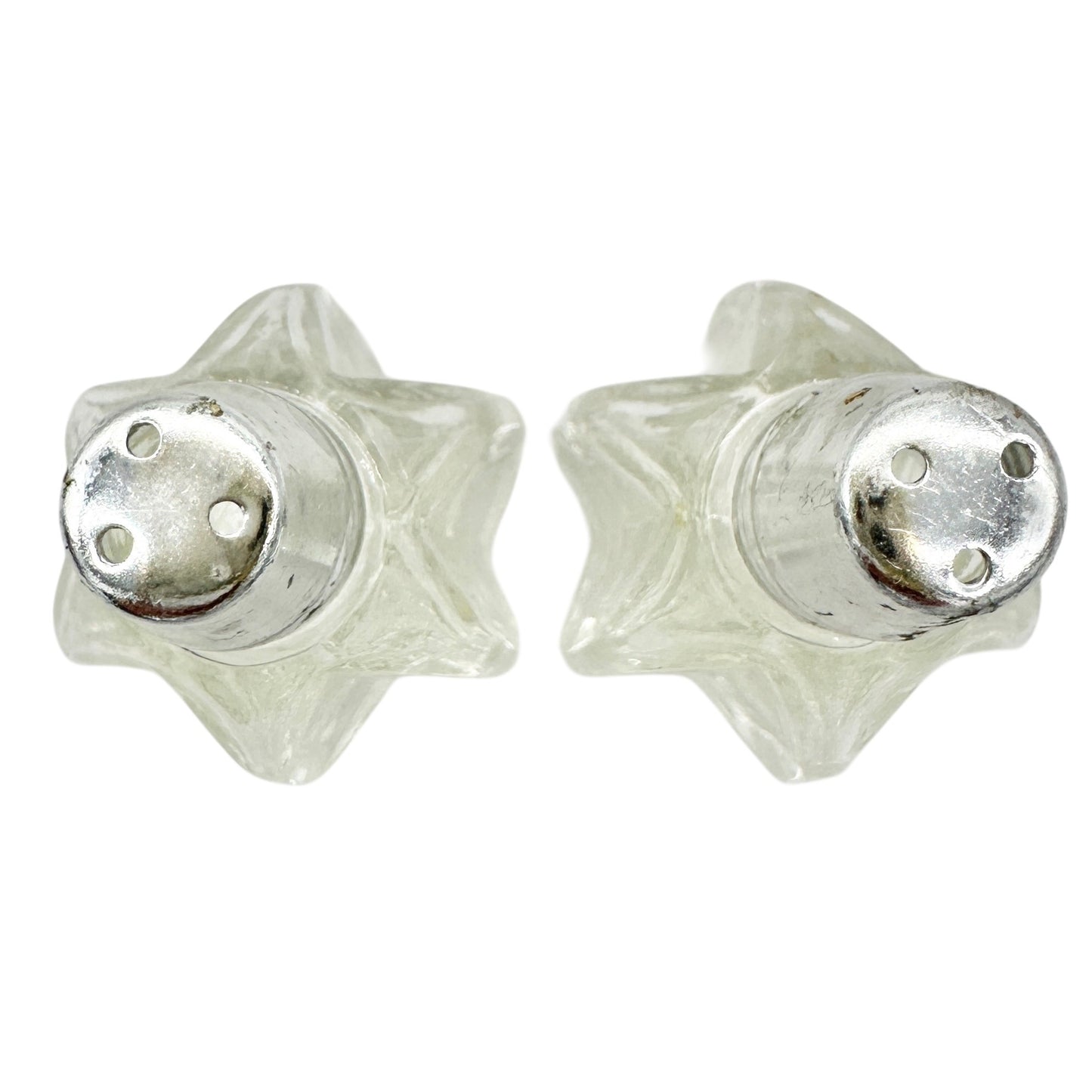 Vintage Glass Salt and Pepper Shakers Star Shaped With Silver Tone Tops 2.5"