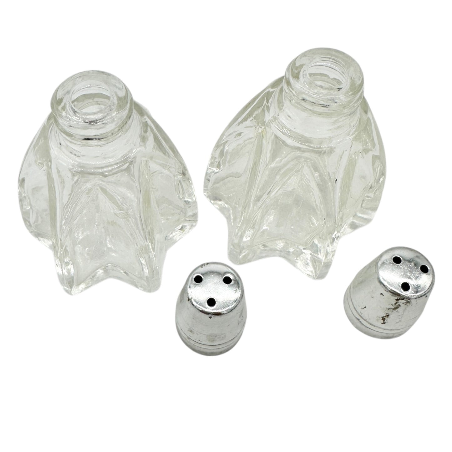 Vintage Glass Salt and Pepper Shakers Star Shaped With Silver Tone Tops 2.5"