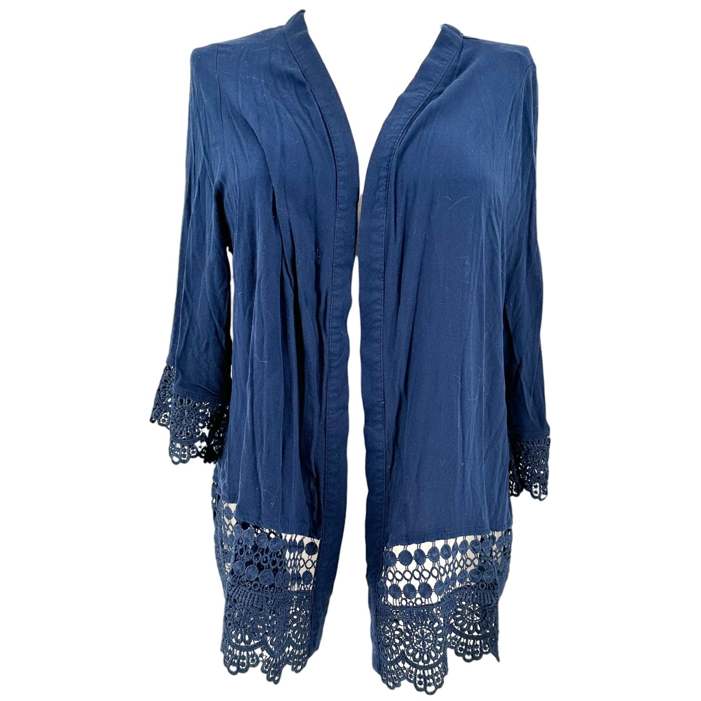 Kim Rogers Open Front Cardigan Womens 2X Navy Blue Crochet Hem+Cuffs Lightweight