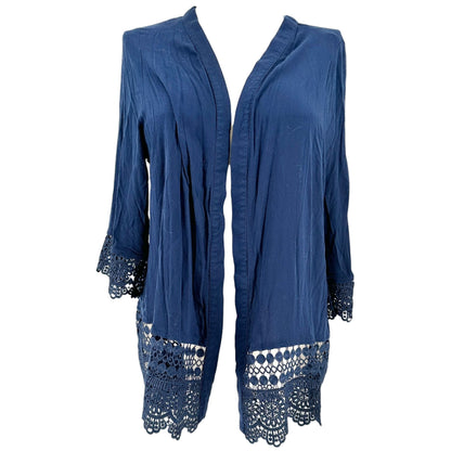 Kim Rogers Open Front Cardigan Womens 2X Navy Blue Crochet Hem+Cuffs Lightweight
