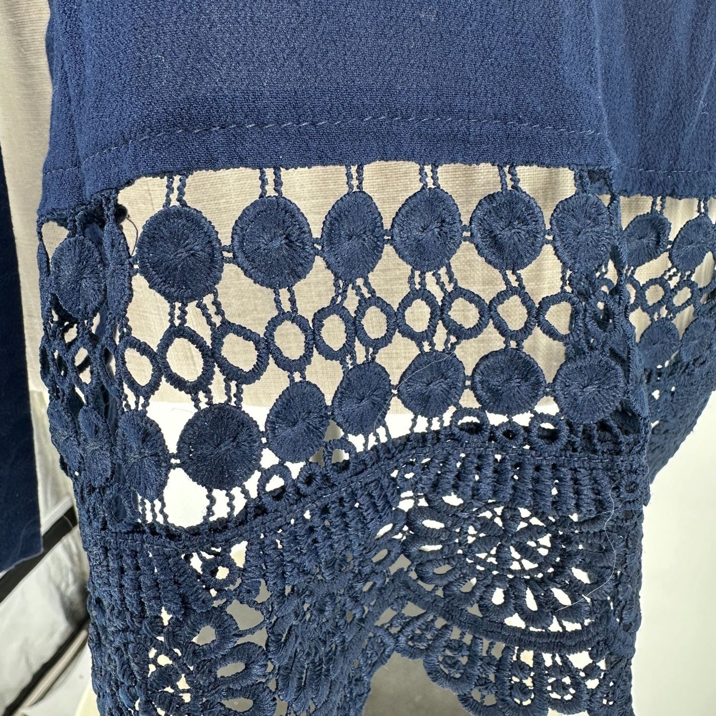 Kim Rogers Open Front Cardigan Womens 2X Navy Blue Crochet Hem+Cuffs Lightweight