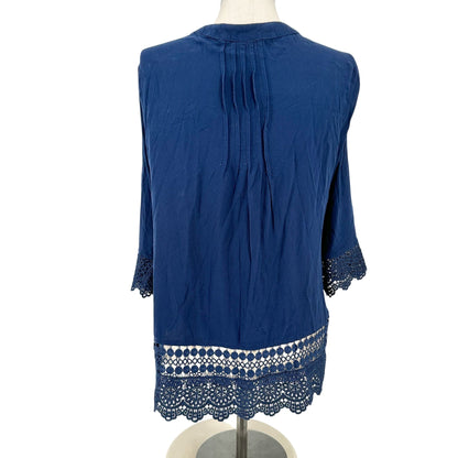 Kim Rogers Open Front Cardigan Womens 2X Navy Blue Crochet Hem+Cuffs Lightweight