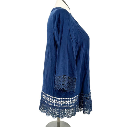 Kim Rogers Open Front Cardigan Womens 2X Navy Blue Crochet Hem+Cuffs Lightweight