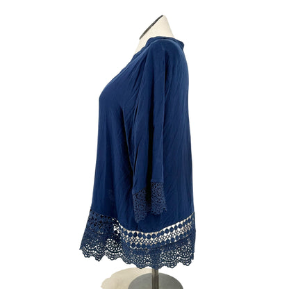 Kim Rogers Open Front Cardigan Womens 2X Navy Blue Crochet Hem+Cuffs Lightweight