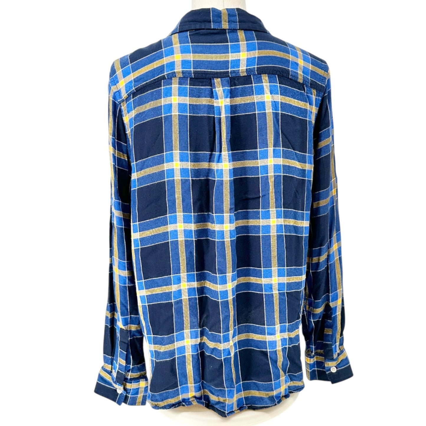 Route 66 Flannel Shirt Womens XL Blue Yellow Plaid Button-Up Long Sleeve Casual
