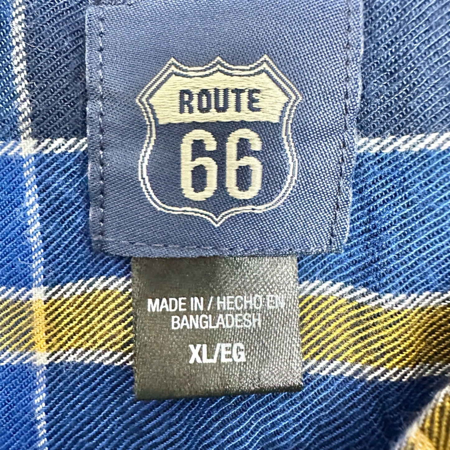 Route 66 Flannel Shirt Womens XL Blue Yellow Plaid Button-Up Long Sleeve Casual