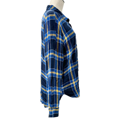 Route 66 Flannel Shirt Womens XL Blue Yellow Plaid Button-Up Long Sleeve Casual