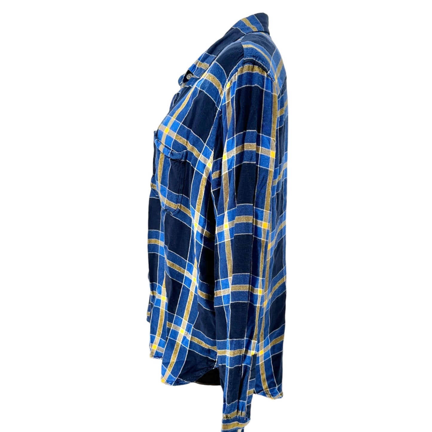 Route 66 Flannel Shirt Womens XL Blue Yellow Plaid Button-Up Long Sleeve Casual