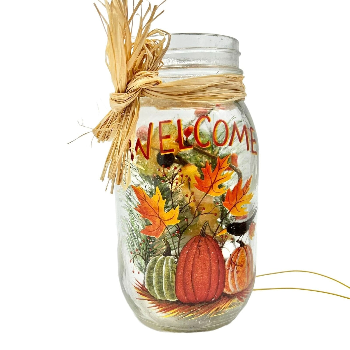 Autumn Themed Lighted Glass Welcome Jar With Pumpkins Leaves Rustic Fall Décor