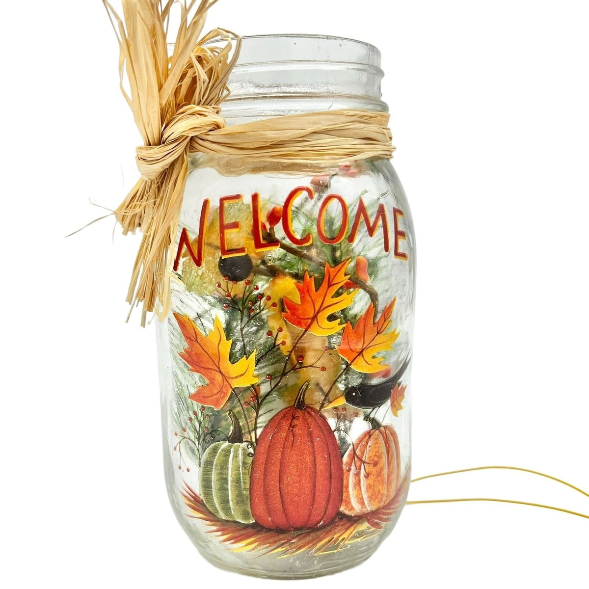 Autumn Themed Lighted Glass Welcome Jar With Pumpkins Leaves Rustic Fall Décor