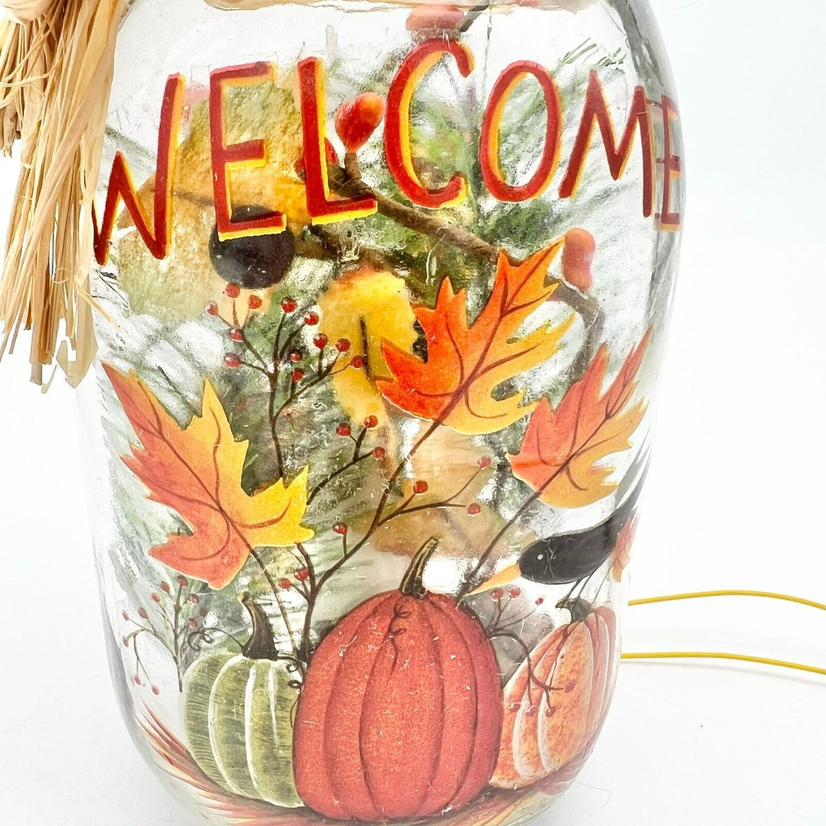 Autumn Themed Lighted Glass Welcome Jar With Pumpkins Leaves Rustic Fall Décor