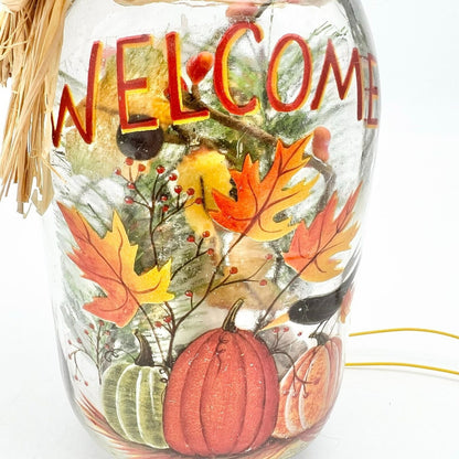 Autumn Themed Lighted Glass Welcome Jar With Pumpkins Leaves Rustic Fall Décor