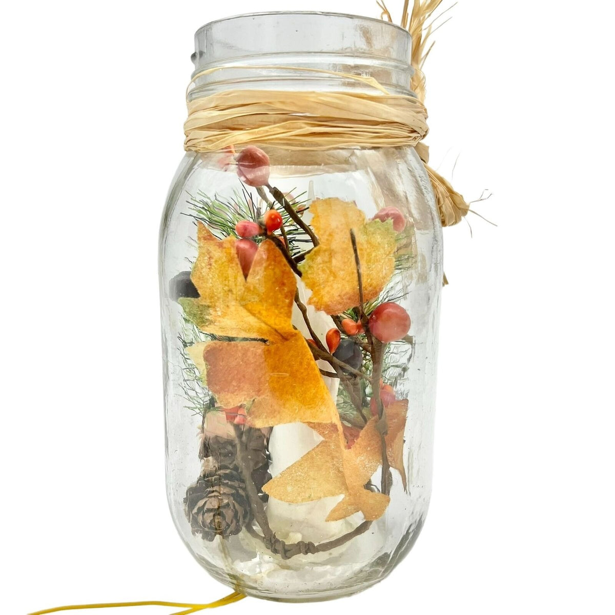 Autumn Themed Lighted Glass Welcome Jar With Pumpkins Leaves Rustic Fall Décor