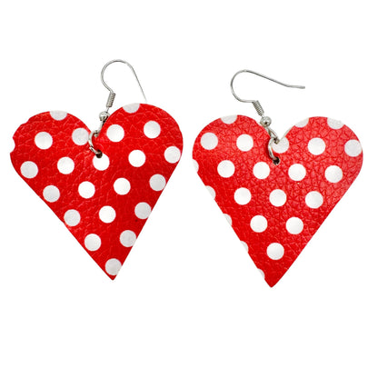Red Polka Dot Heart Faux Leather Earrings 2.5" Drop Lightweight Valentines Day