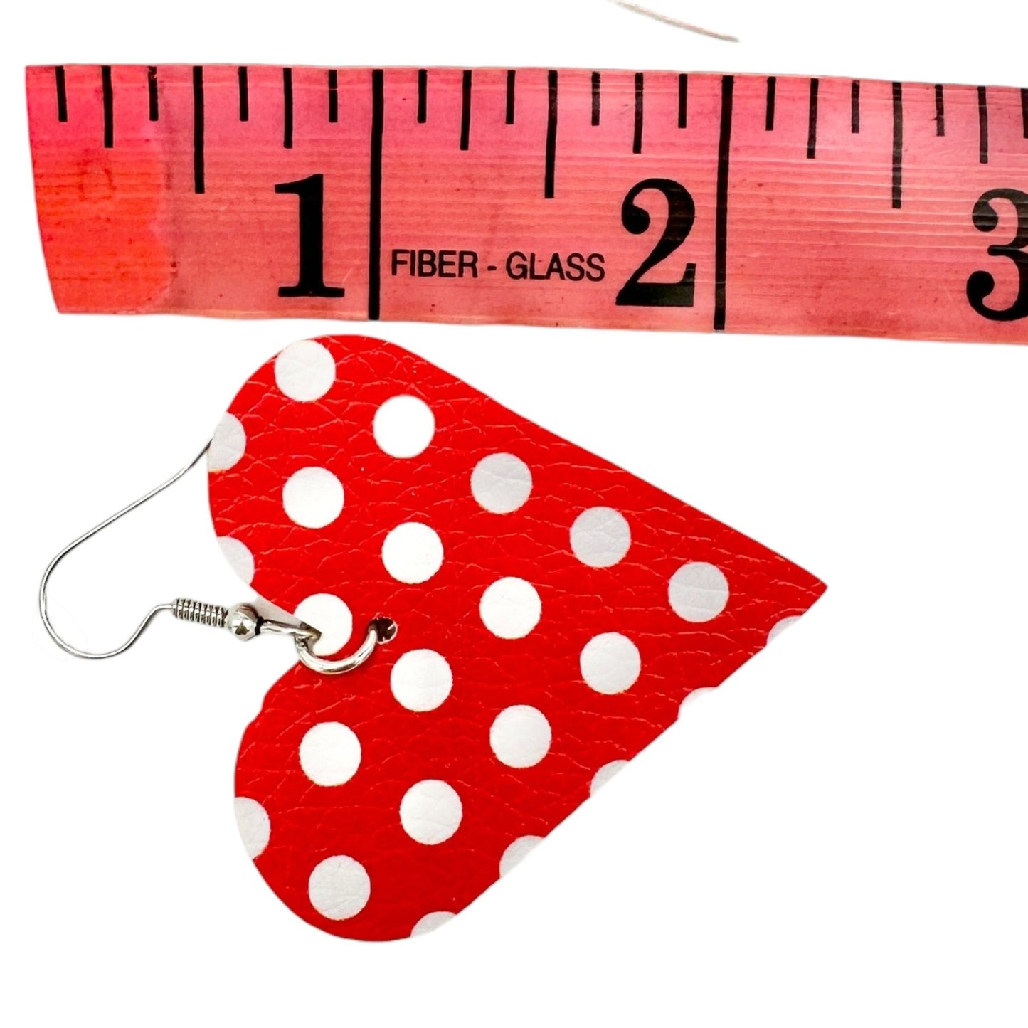 Red Polka Dot Heart Faux Leather Earrings 2.5" Drop Lightweight Valentines Day