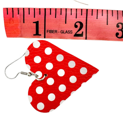 Red Polka Dot Heart Faux Leather Earrings 2.5" Drop Lightweight Valentines Day