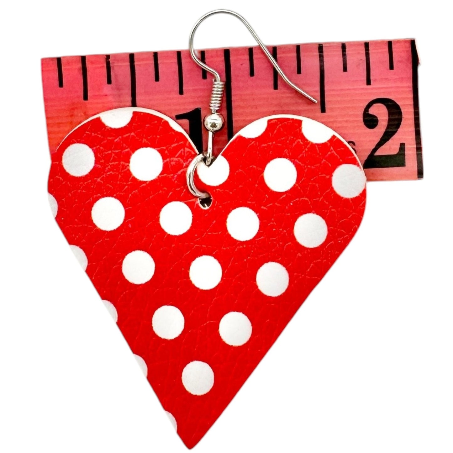 Red Polka Dot Heart Faux Leather Earrings 2.5" Drop Lightweight Valentines Day