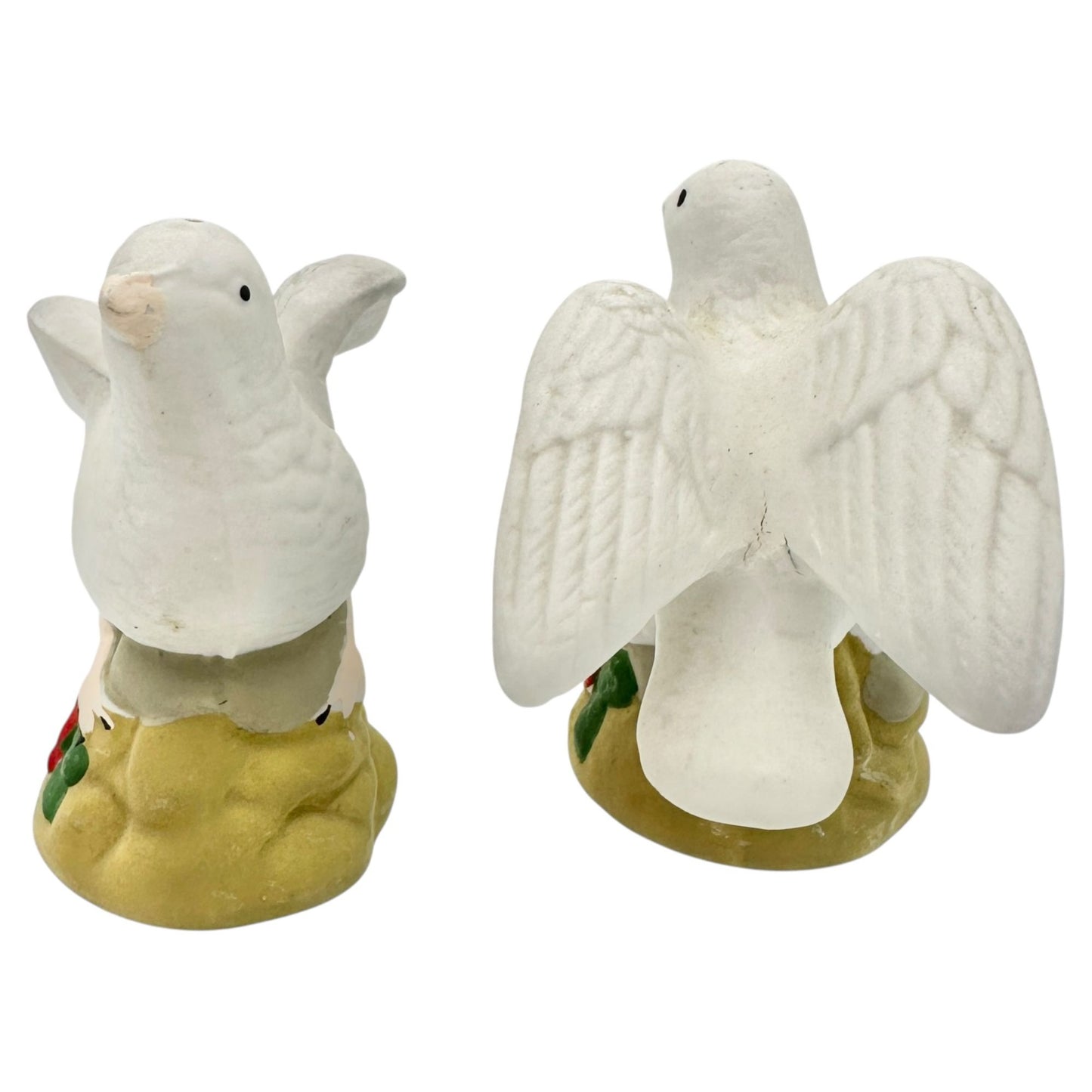 Ceramic White Doves Salt and Pepper Shakers On Floral Base 3 in Tall Vtg Decor
