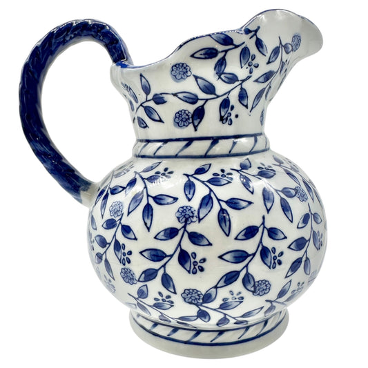 Ceramic Pitcher Vase Blue and White Floral Scalloped Edge Braided Handle 7.5" H