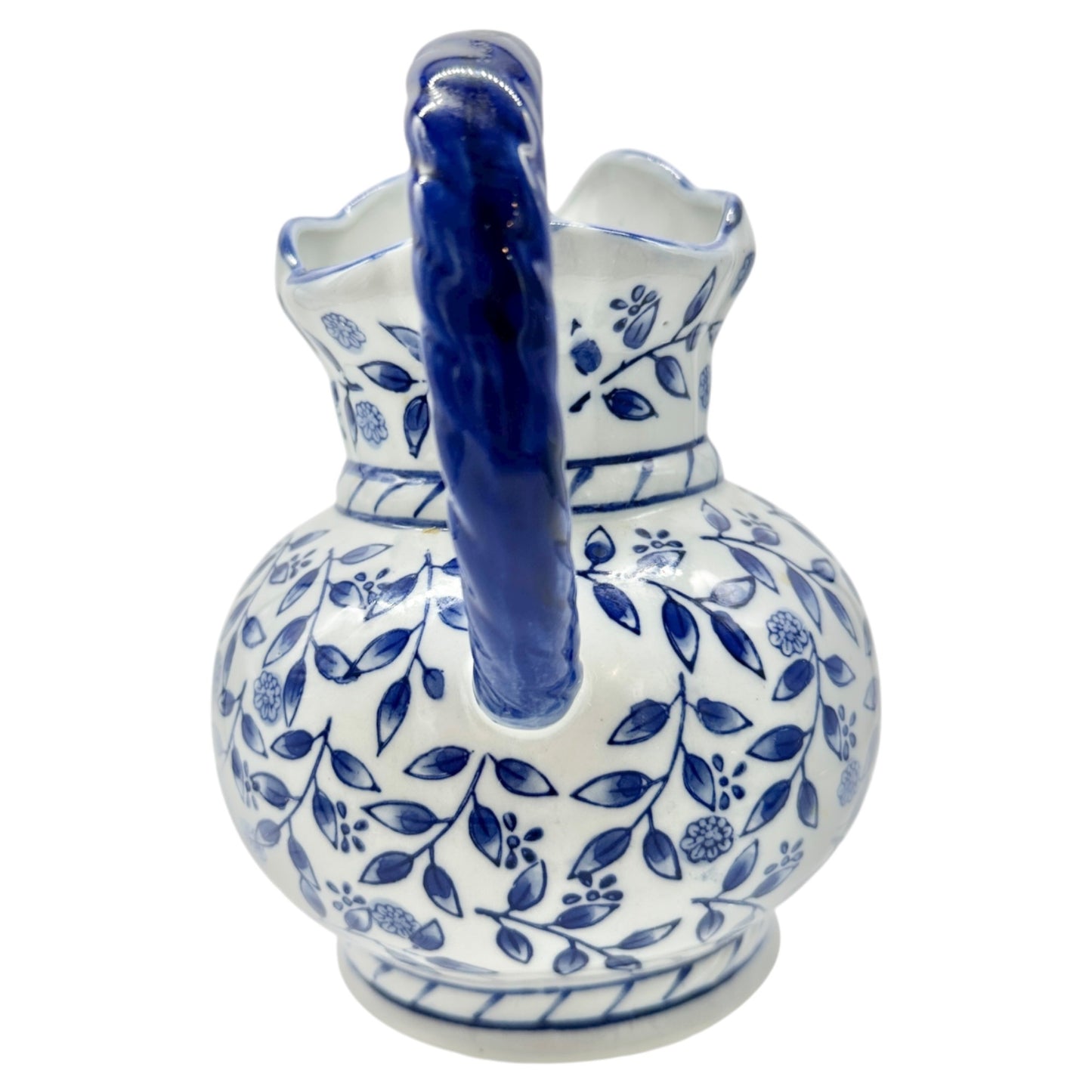 Ceramic Pitcher Vase Blue and White Floral Scalloped Edge Braided Handle 7.5" H