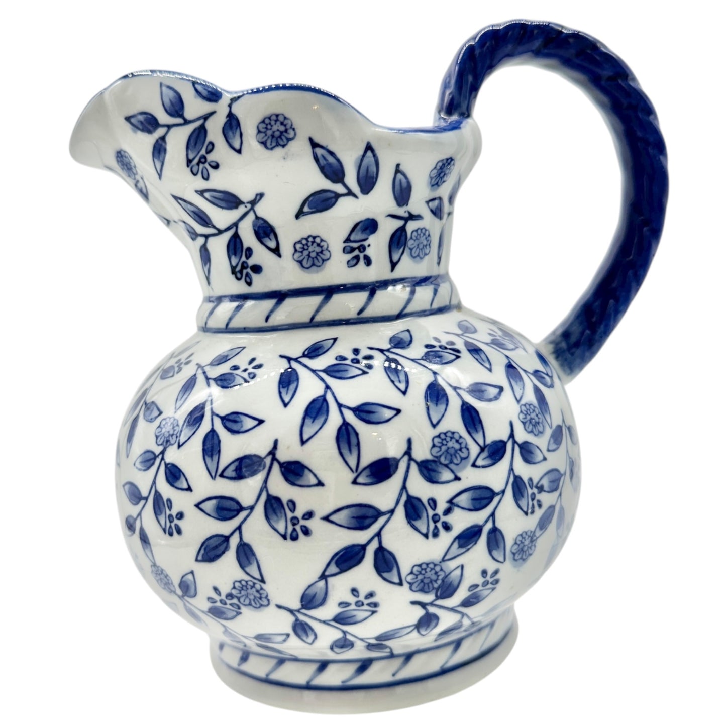 Ceramic Pitcher Vase Blue and White Floral Scalloped Edge Braided Handle 7.5" H