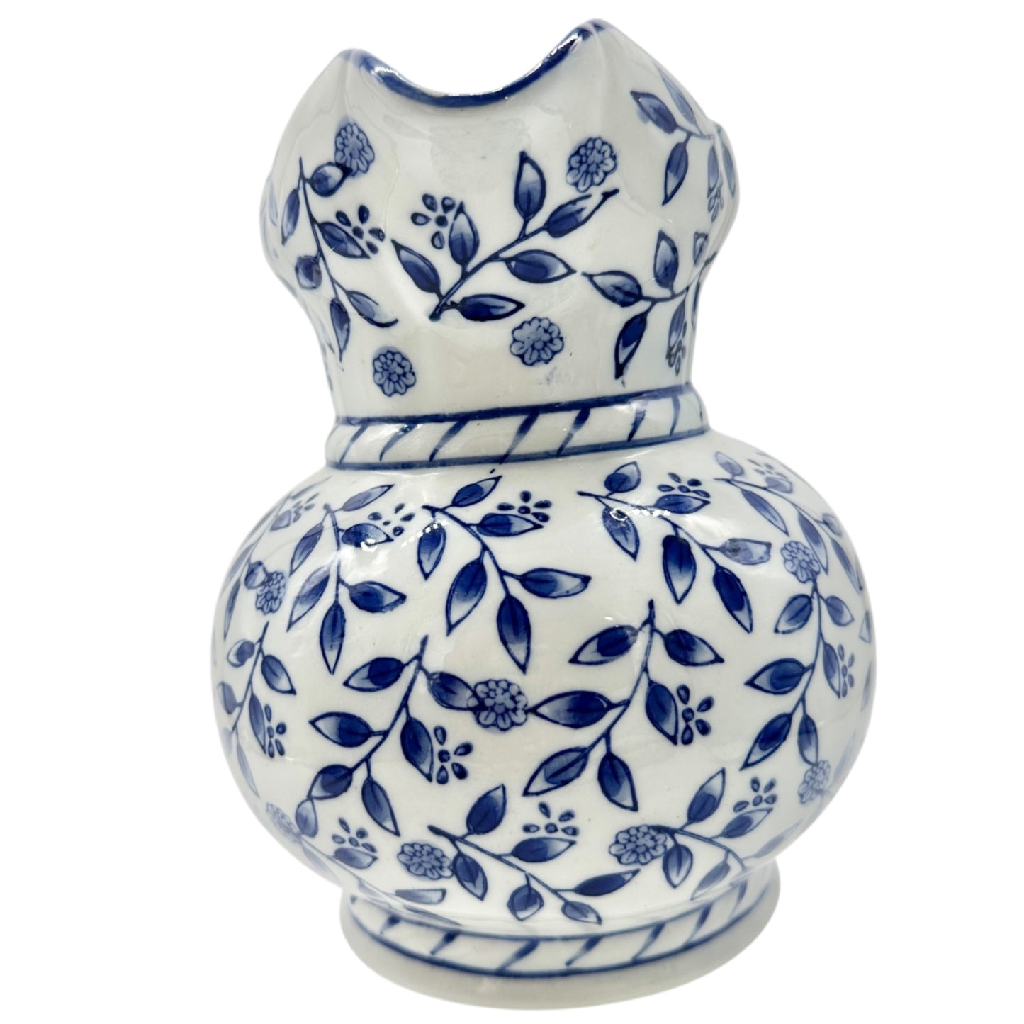 Ceramic Pitcher Vase Blue and White Floral Scalloped Edge Braided Handle 7.5" H