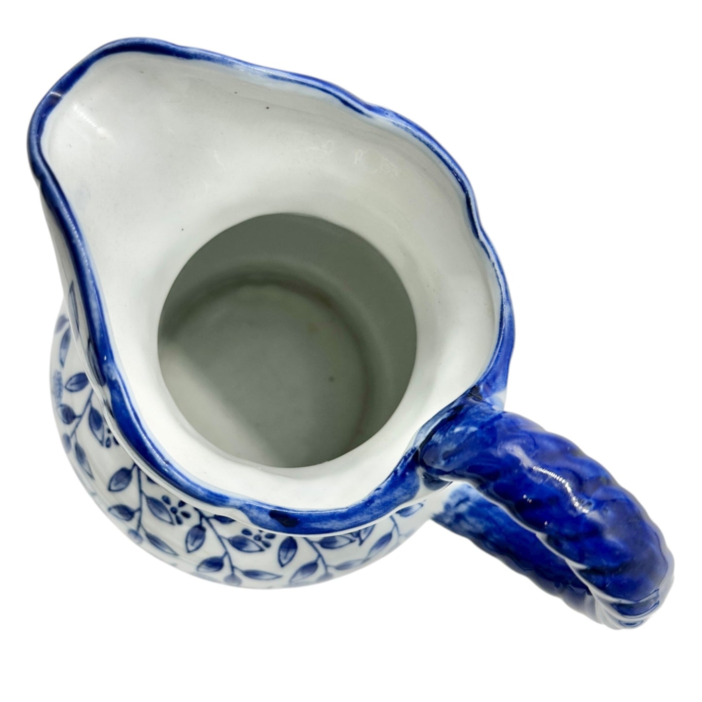 Ceramic Pitcher Vase Blue and White Floral Scalloped Edge Braided Handle 7.5" H
