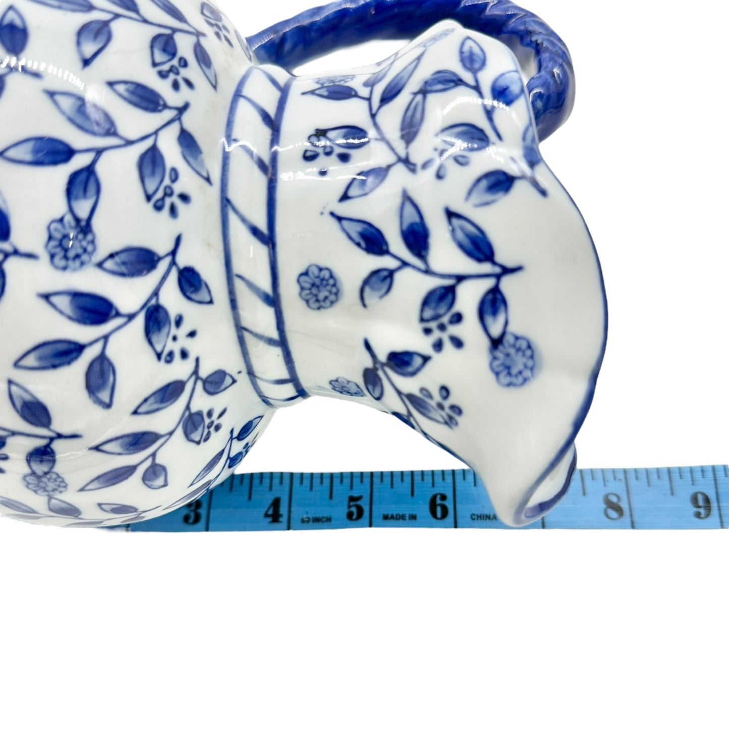 Ceramic Pitcher Vase Blue and White Floral Scalloped Edge Braided Handle 7.5" H