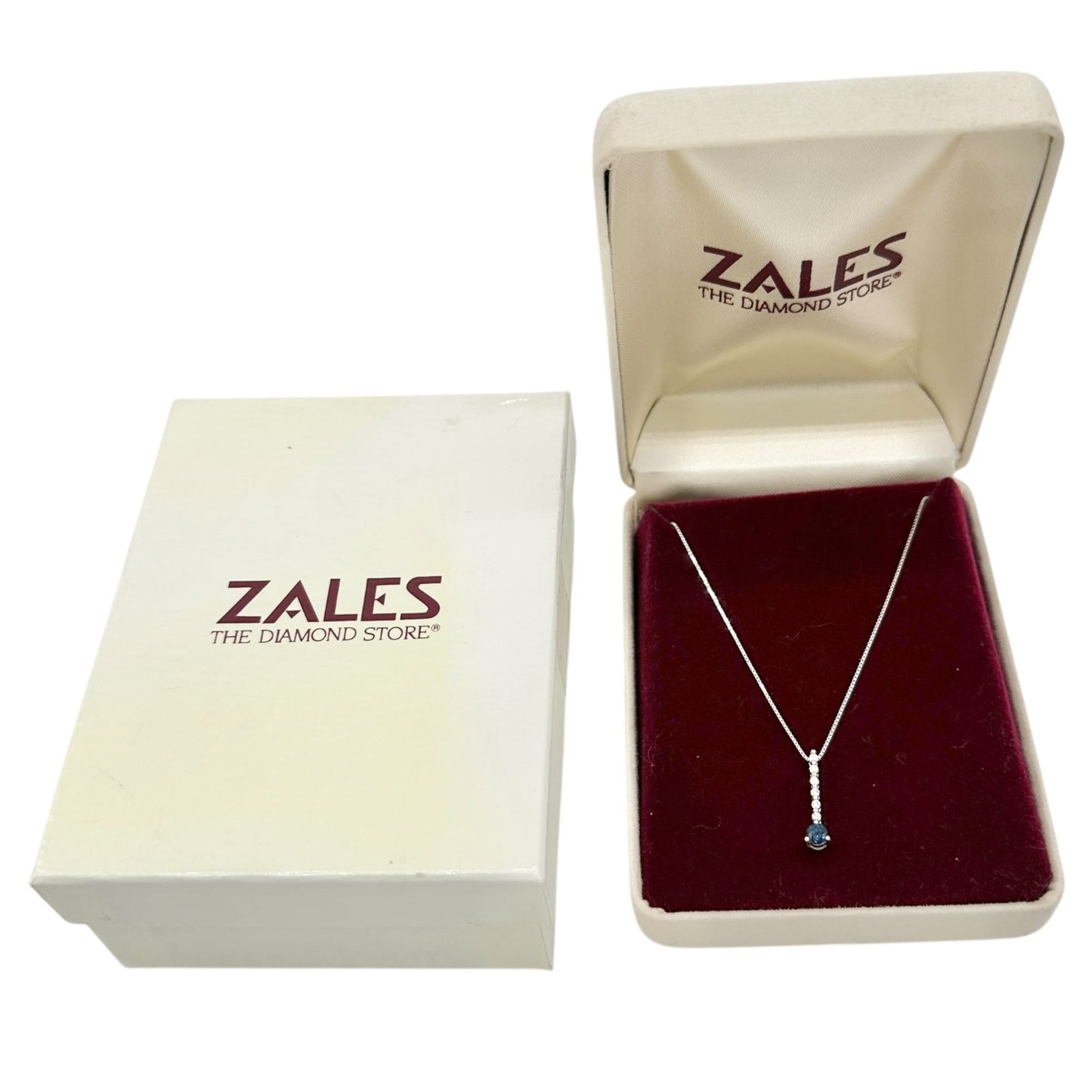Zales Necklace 14kt White Gold Blue Sapphire and Diamonds Pendant 18 inch in Box
