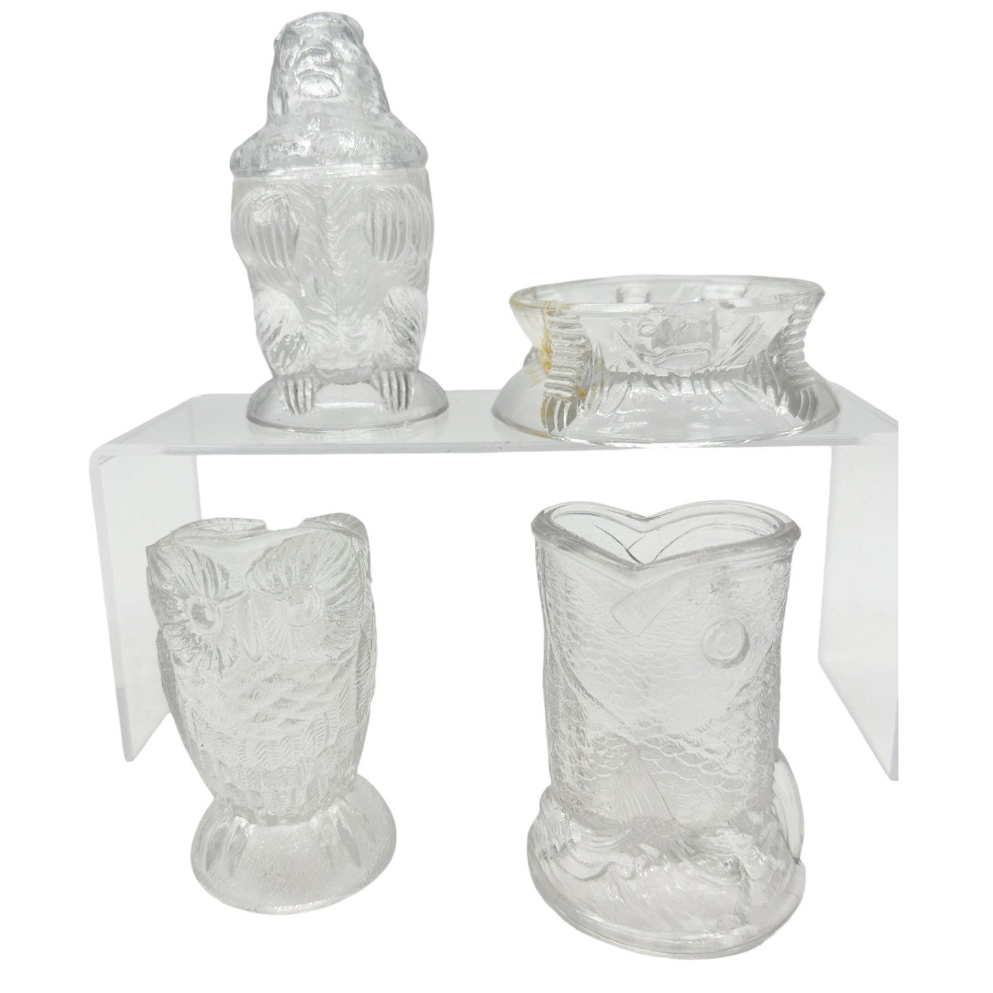 Bryce Higbee Co Menagerie Glass Childrens Table Set 1885 Owl Fish Turtle Bear