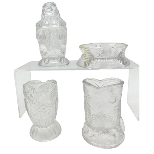 Bryce Higbee Co Menagerie Glass Childrens Table Set 1885 Owl Fish Turtle Bear
