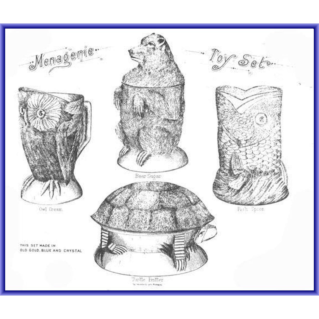 Bryce Higbee Co Menagerie Glass Childrens Table Set 1885 Owl Fish Turtle Bear