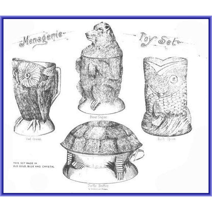 Bryce Higbee Co Menagerie Glass Childrens Table Set 1885 Owl Fish Turtle Bear