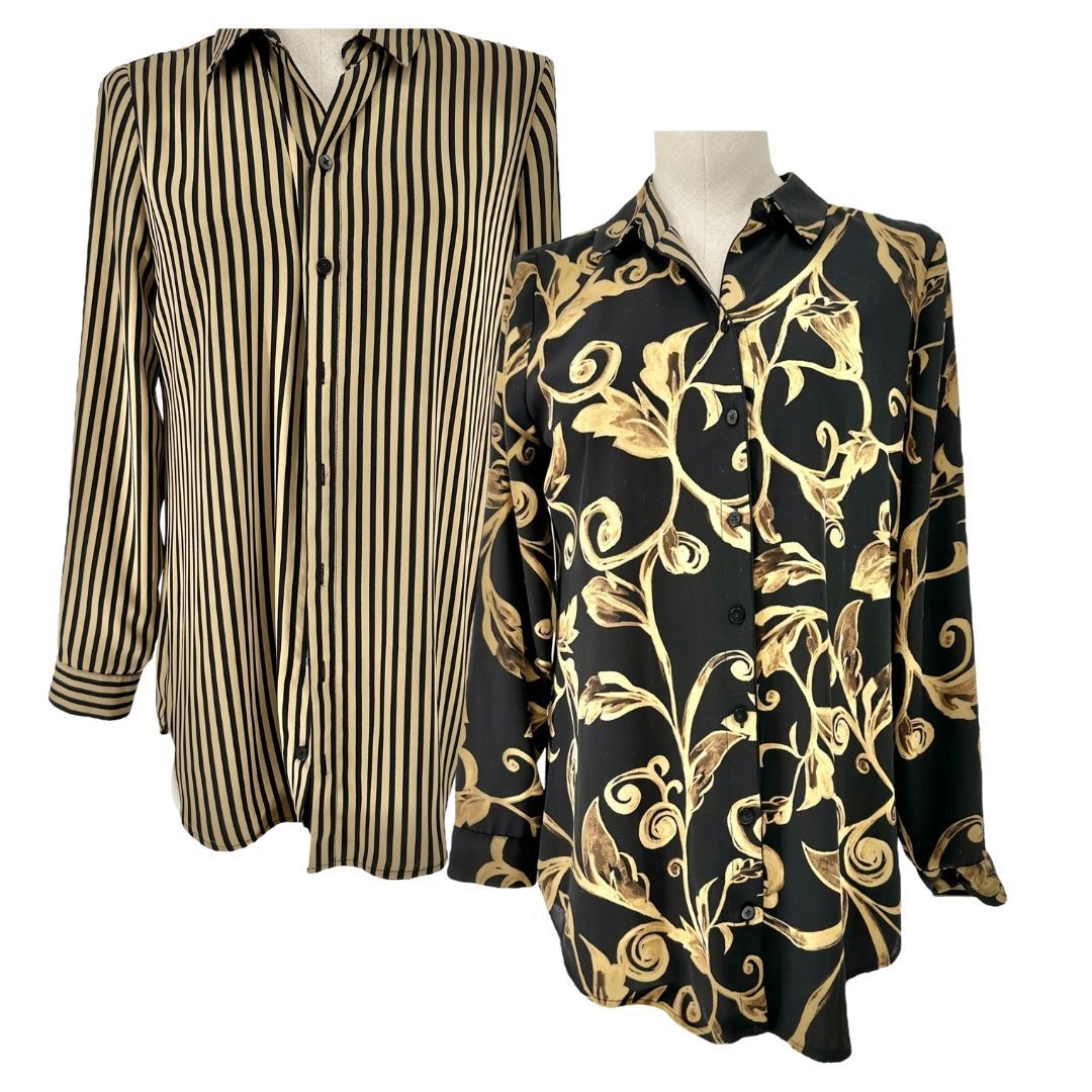 Reversible Womens Large LS Button-Down Shirt Black Gold Stripe+Floral Patterns