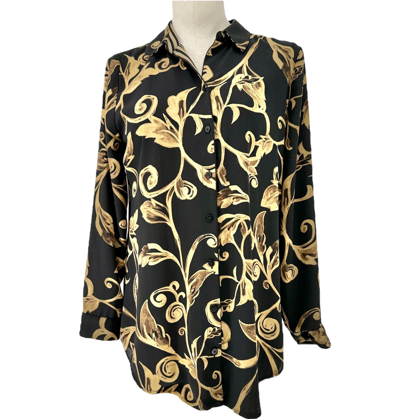 Reversible Womens Large LS Button-Down Shirt Black Gold Stripe+Floral Patterns