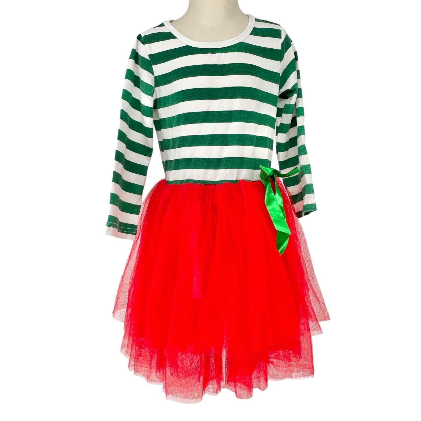 Festive Christmas Holiday Dress Girls L Green White Striped Top Red Tulle Skirt