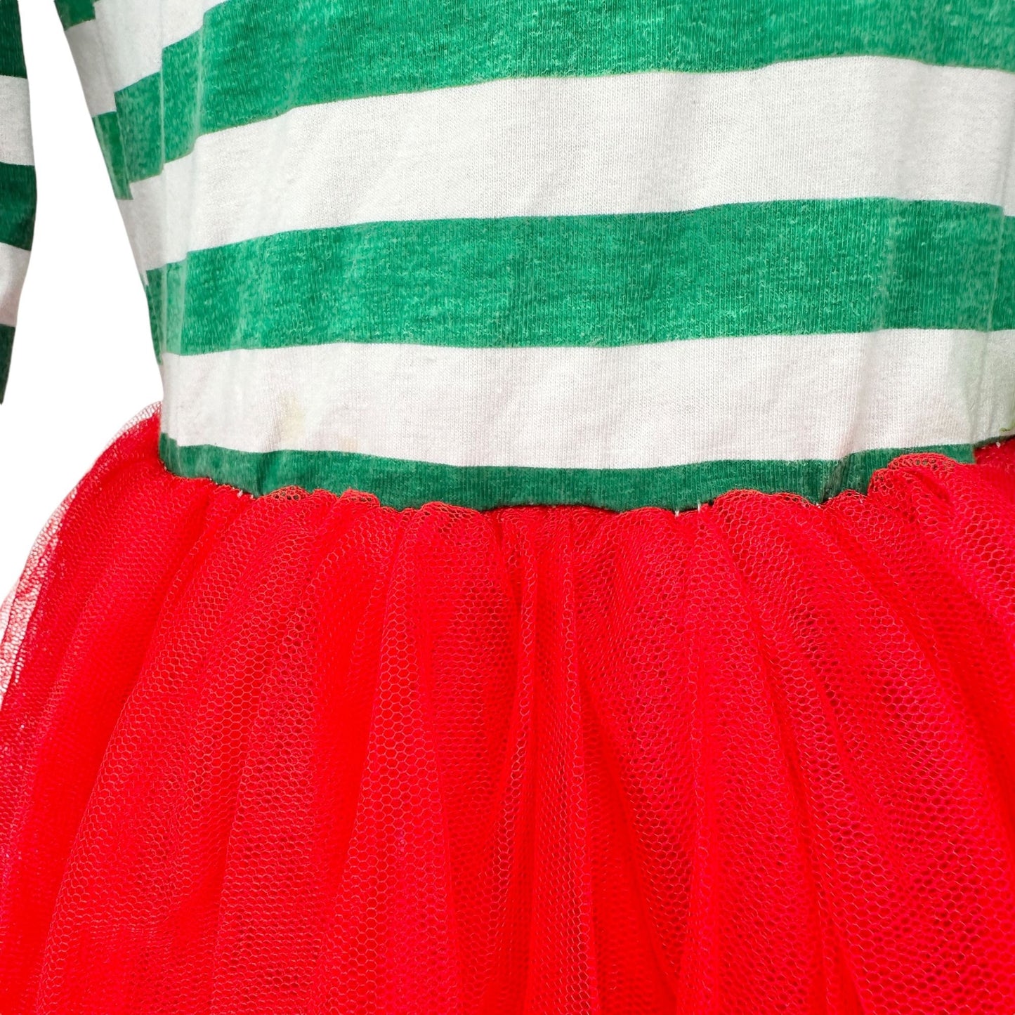 Festive Christmas Holiday Dress Girls L Green White Striped Top Red Tulle Skirt